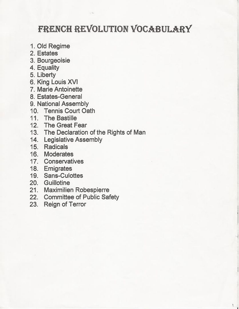 French Revolution Vocabulary Worksheet